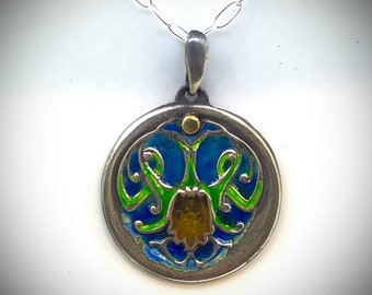 Hand Pressed Art Nouveau Inspired Sterling Silver Floral Motif With 14k Gold Dollop And Vitreous Enamel