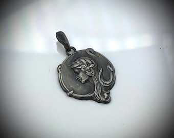 Classic Art Nouveau Inspired Die Stamped Vintage Hand Crafted Fine Silver Laurel Crowned Beauty Pendant