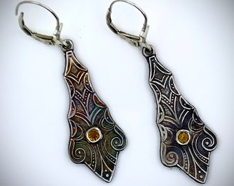 Hand Made Art Deco Inspired Sterling Silver Art Jewelry Earrings With Faceted Citrine
