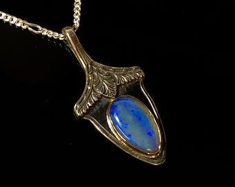 Solid Australian Opal Art Nouveau Inspired Silver And 14 K Gold Necklace