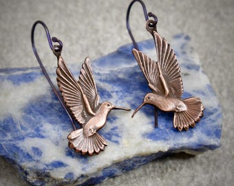 Art Nouveau Style Adorable Hummingbird Solid Copper Art Jewelry Dangle Earrings