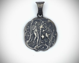 Classic Art Nouveau Beauty Die Stamped Vintage Hand Crafted Fine Silver Flower Fairy Pendant