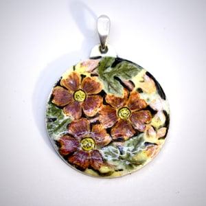 Classic Art Nouveau Flowers Hand Crafted Fine Silver Hand Painted Enamel Pendant
