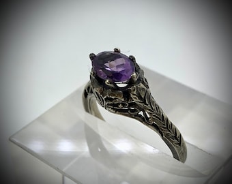 Art Jewelry Classic Sterling Silver Art Deco Half Shank Fabricated Ring With Faceted Amethyst