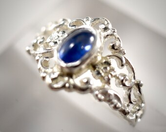 Hand Sawn Filagree Sterling Silver Art Nouveau Ring With Natural Blue Sapphire