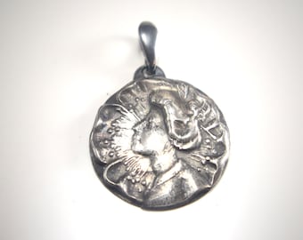 Classic Art Nouveau Beauty Die Stamped Vintage Hand Crafted Fine Silver Pendant