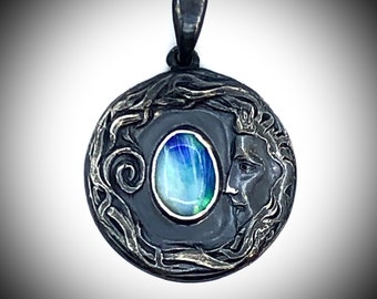 Opal Moon Goddess Art Nouveau Inspired Fine Silver Pendant