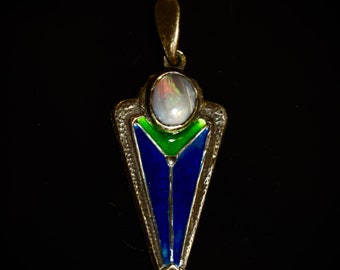 Opal And Enamel Hand Crafted Art Deco Silver Pendant