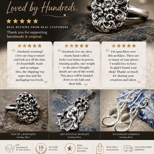Puede incluir: Un gr&aacute;fico promocional que muestra joyas de plata esterlina, incluyendo un anillo ovalado con motivos florales, un colgante detallado con una figura y pendientes colgantes curvos. El texto incluye Handcrafted Treasures y rese&ntilde;as de clientes.