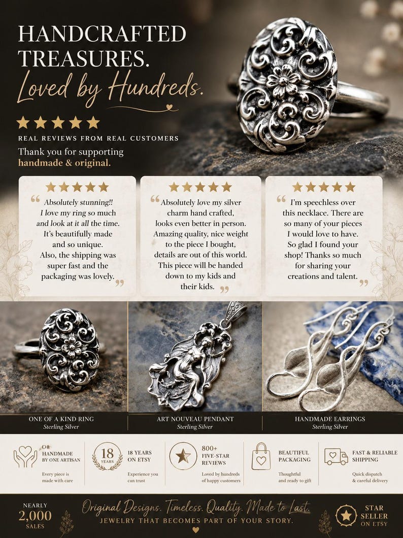 Puede incluir: Un gr&aacute;fico promocional que muestra joyas de plata esterlina, incluyendo un anillo ovalado con motivos florales, un colgante detallado con una figura y pendientes colgantes curvos. El texto incluye Handcrafted Treasures y rese&ntilde;as de clientes.