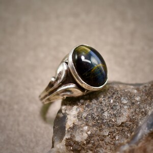 May include: A silver ring featuring an oval-shaped, dark blue and gold tiger's eye gemstone set in a smooth bezel. The metal band displays a decorative, raised leaf-like pattern on the sides, extending from the central stone setting.