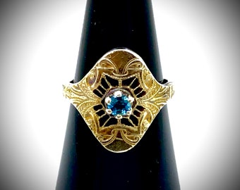 Blue Topaz Sterling Silver Filagree Edwardian Ring