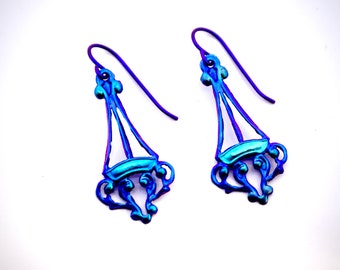 Hand Made Art Deco Niobium Purple & Aqua Art Jewelry Earrings