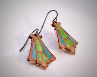 Beautiful Copper Arts & Crafts Earrings With Vitreous Enamel