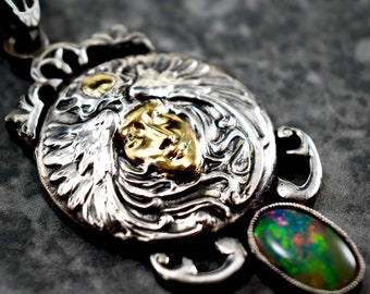 Silver & Gold Egyptian Revival Inspired Mixed Metal Pendant Goddess With Winged Serpent And Sun HeaddressWith Ethiopian Opal