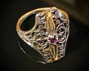 Sterling Silver And Gold Art Deco Filagree Ring With Faceted Purple Amethyst