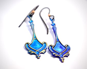 Hand Made Niobium Bright Electric Blue & Gold Dangle Art Jewelry Earrings