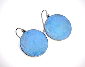 Hand Made Titanium Dusky Blue & Gold Guilloche Style Art Jewelry Earrings