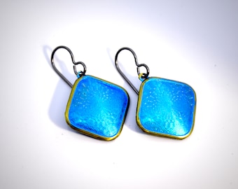 Hand Made Niobium Bright Blue & Gold Guilloche Style Art Jewelry Earrings