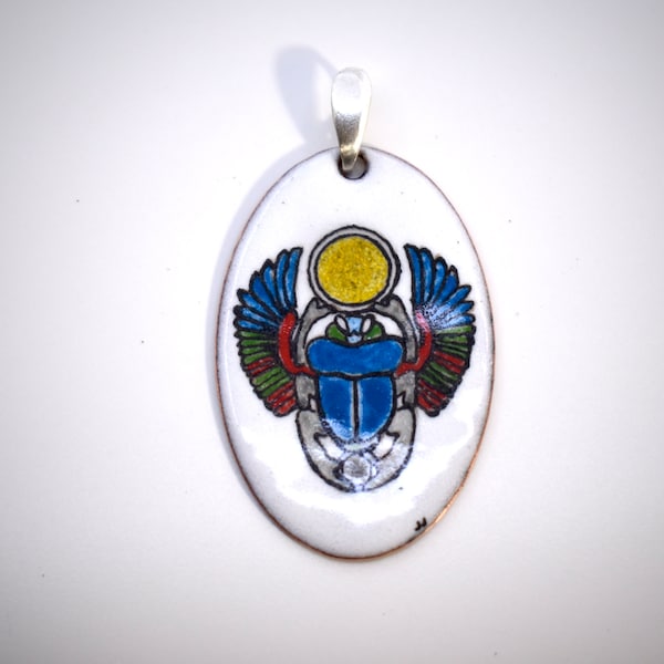 Hand Painted Art Nouveau Egyptian Revival Scarab Vitreous Enamel Copper Pendant