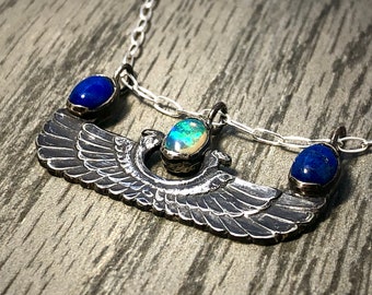 Egyptian Revival Inspired Uraeus Goddess Cobra Symbol Silver Pendant With Opal And Lapis