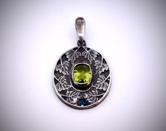 Forest Leaves Green Peridot & Blue Topaz Art Nouveau Sterling Silver Pendant