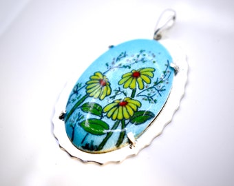 Hand Painted Vitreous Enamel Design On Fine Silver Guilloche Pendant With A Fabricated Sterling Setting