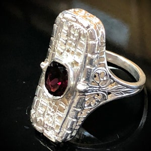 Deep Red Garnet Filagree Ring Sterling Silver Art Deco Inspired