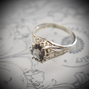 Art Jewelry Classic Sterling Silver Filagree Ring With Faceted Black Rutilated Quartz