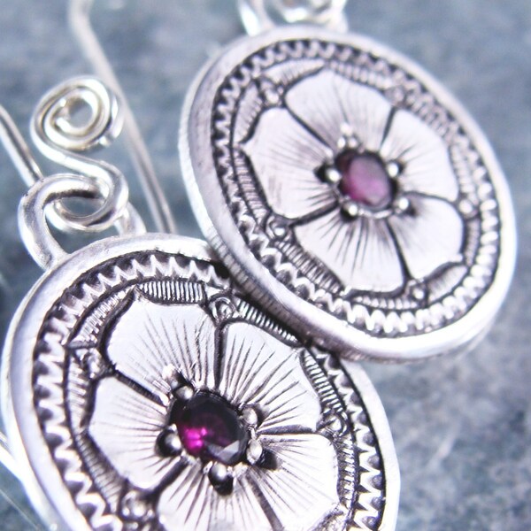 Hand Engraved Sterling Silver Rosettes with Lab Grown Ruby Earrings