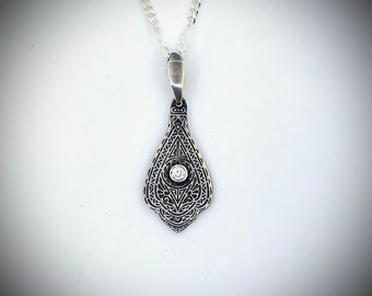 Hand Carved And Die Stamped Art Deco Inspired Fine Silver Filagree Pendant With Faceted Moissanite