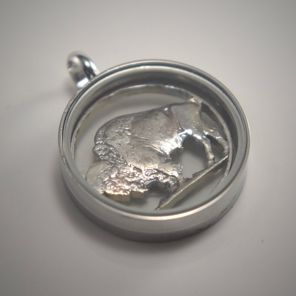 Hand Sawn Buffalo Nickel Coin Set In A Glass & Steel Locket Pendant