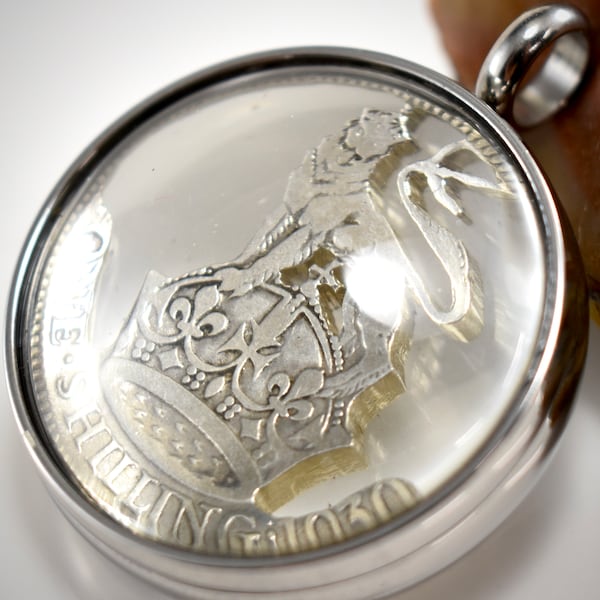 Hand Sawn Crown Cut From A UK 1930 Silver Shilling Coin Set In A Magnifying Locket Pendant