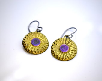 Delicate Daisies Purple & Yellow Titanium Earrings