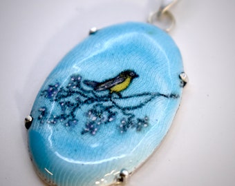 Hand Painted Vitreous Enamel Design On Fine Silver Guilloche Pendant With A Fabricated Sterling Setting