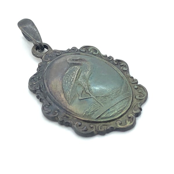 Classic Art Nouveau Inspired Die Stamped Vintage Hand Crafted Fine Silver Heron Pendant
