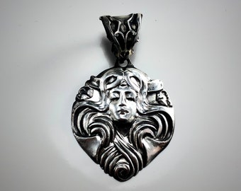 Female Art Nouveau Beauty Vintage Hand Crafted Fine Silver Pendant