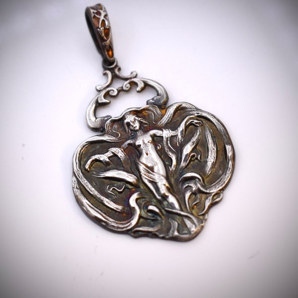 Draped Female Art Nouveau Beauty Vintage Hand Crafted Fine Silver Pendant