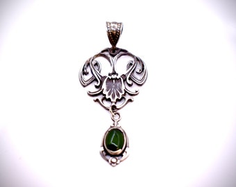 Silver Scrolls Art Nouveau Pendant With Natural Green Jade