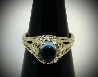 Art Jewelry Classic Sterling Silver Filagree Ring With Swiss Blue Topaz