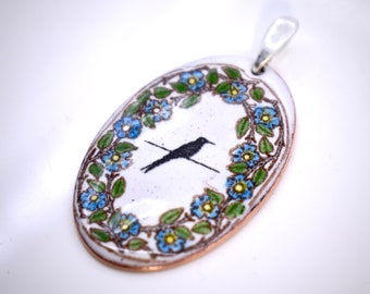Beautiful Bird Silhouette With Hand Painted Vitreous Glass Enamel Fantasy Copper Pendant