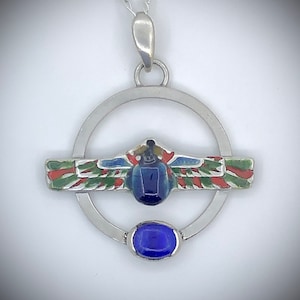 Egyptian Revival Inspired Scarab Beetle Silver Pendant With Natural Lapis Lazuli And Vitreous Enamel