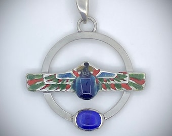 Egyptian Revival Inspired Scarab Beetle Silver Pendant With Natural Lapis Lazuli And Vitreous Enamel