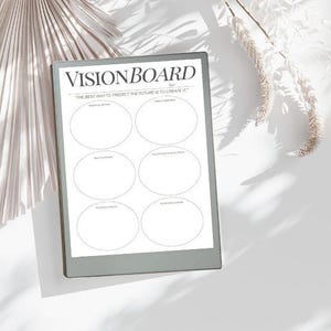 Puede incluir: Un Vision Board gris con el texto "VISION BOARD" en la parte superior. El tablero tiene seis círculos en blanco con indicaciones como "Crecimiento personal" y "Relaciones y conexión". También es visible la cita "LA MEJOR MANERA DE PREDECIR EL FUTURO ES CREARLO."