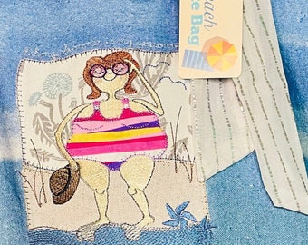 Large Beach Bag Burlap Bottom and beach lady embroidery