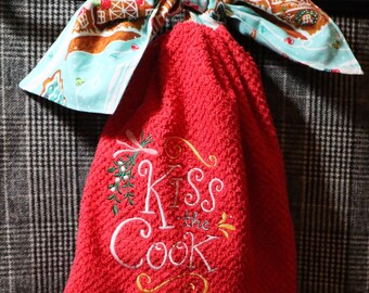 Christmas Kiss the Cook hanging kitchen towel Fabric bow pioneer woman fabric