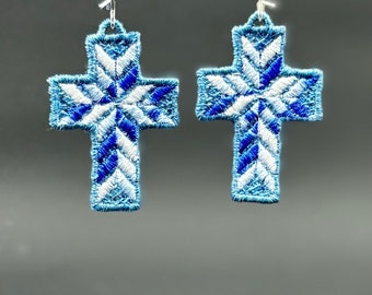 Cross with quilted diamond pattern in blue Easter gift Lace Earrings Handmade Lace Earrings free standing lace