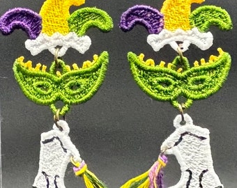 Mardi Gras Louisiana purple green and gold dangle jester hat mask boots Lace Earrings Handmade Lace Earrings free standing lace