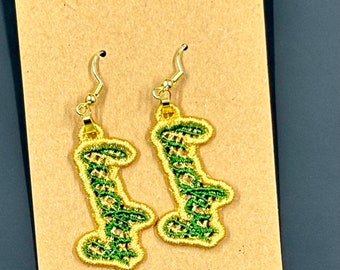 Green and Gold Lucky St Patrick’s Day Shamrock gift Lace Earrings Handmade Lace Earrings free standing lace Lightweight