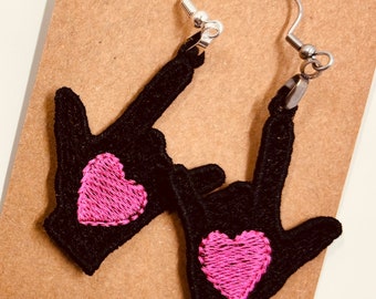 Sign Language I Love You Sign the Hand in black and pink Valentine’s Day gift Lace Earrings Handmade Lace Earrings free standing lace ASL